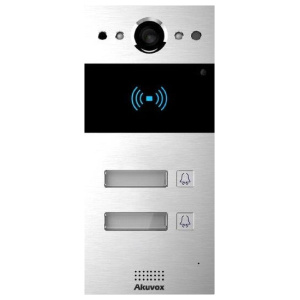 Akuvox R20B X2 SIP Surface Mount Video 2 Button Intercom with 2 Relays and RF card reader - front view. silver colour.