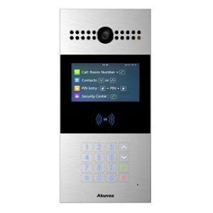 AKUVOX R28A SIP Video intercom with LCD, Keypad and Card Reader. Front view. Silver colour.