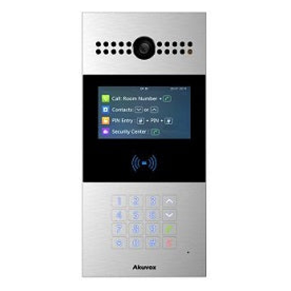 AKUVOX R28A SIP Video intercom with LCD, Keypad and Card Reader. Front view. Silver colour.