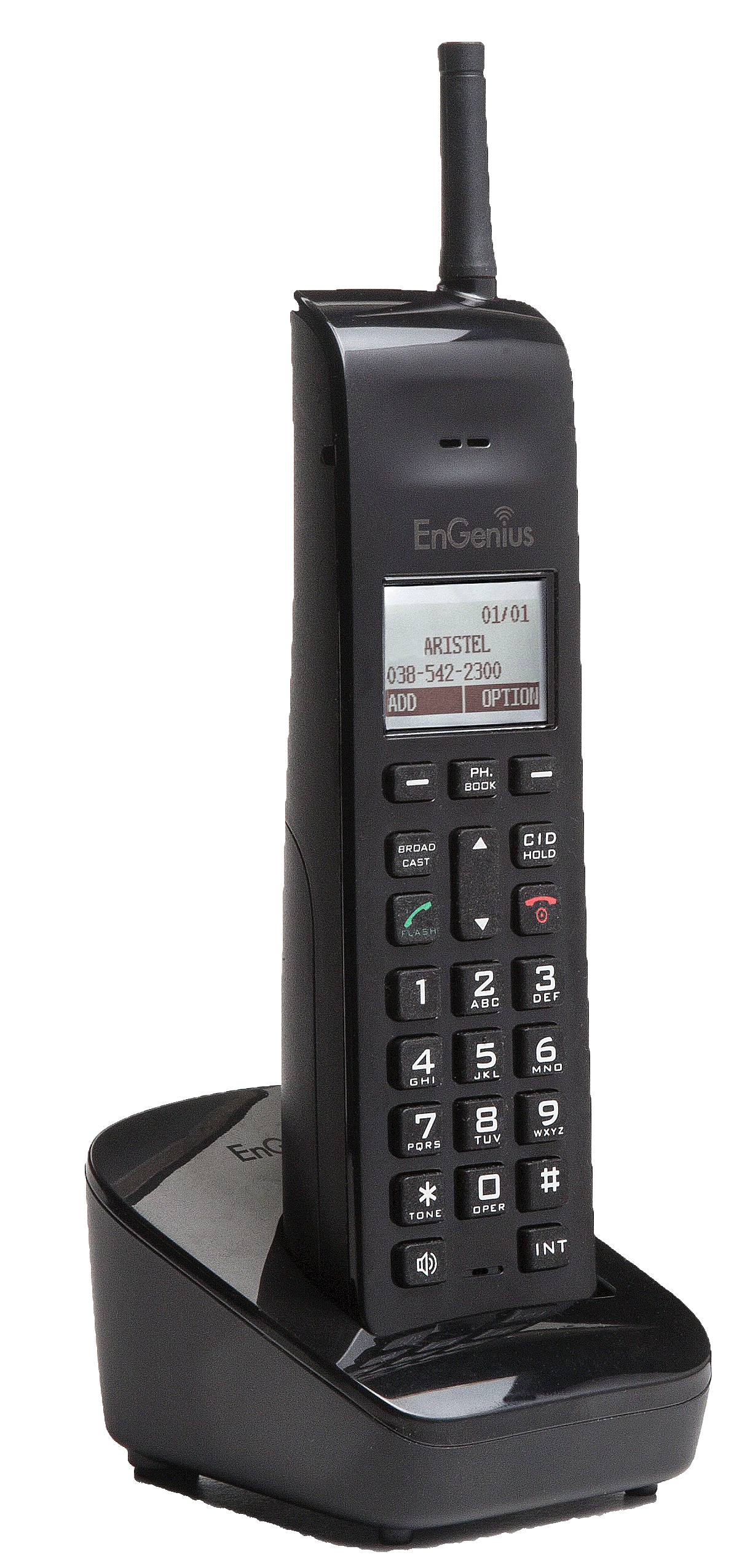 SN933HC Handset and Charger - EnGenius SN933, black colour, side view.