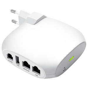 FTA1101 Flying Voice Portable Wireless VoIP Adapter, white, side view.