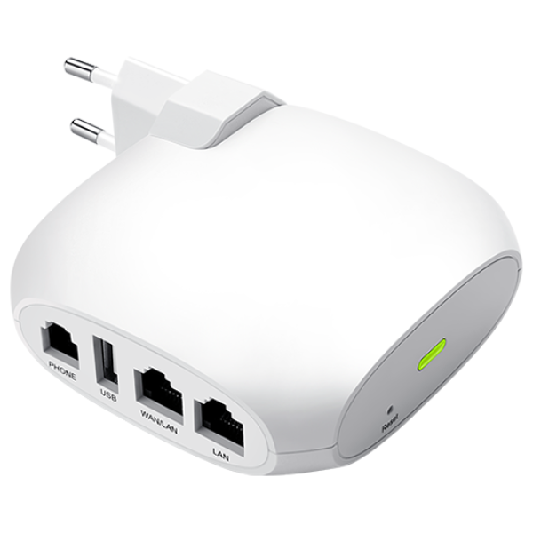 FTA1101 Flying Voice Portable Wireless VoIP Adapter, white, side view.