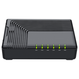 FTA5102E2 Flying Voice Dual FXS Desktop VoIP adapter, front view, black.