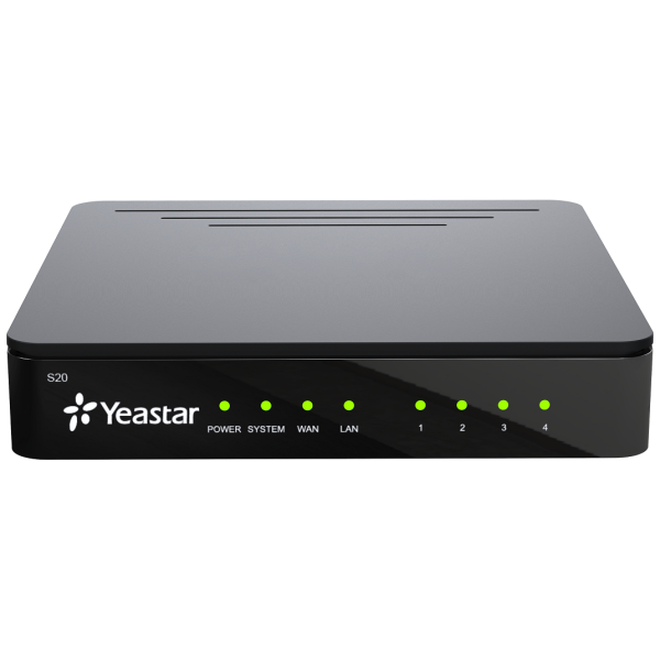 MyPBX-S20 || Yeastar S20 IP PBX The Yeastar S-Series is designed to help you grow your business. Black colour, showing the front view of the product.