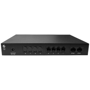 SMG1004O Synway 4 port FXO Analogue Gateway. Front view. Black colour.