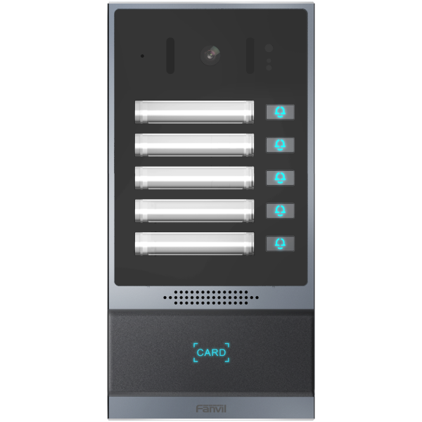 i63 - FANVIL SIP Video Door Intercom - 5 buttons + RFID, front view, black.